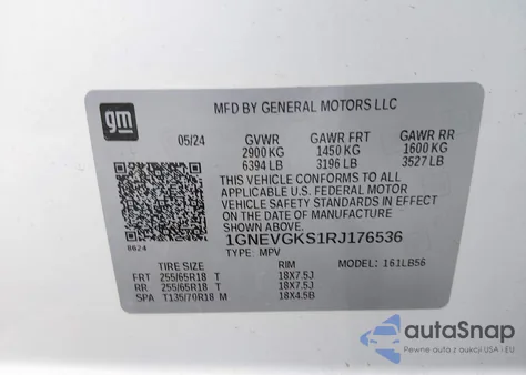 2024 Chevrolet Traverse Awd Lt из США, поврежденный, VIN 1GNEVGKS1RJ176536